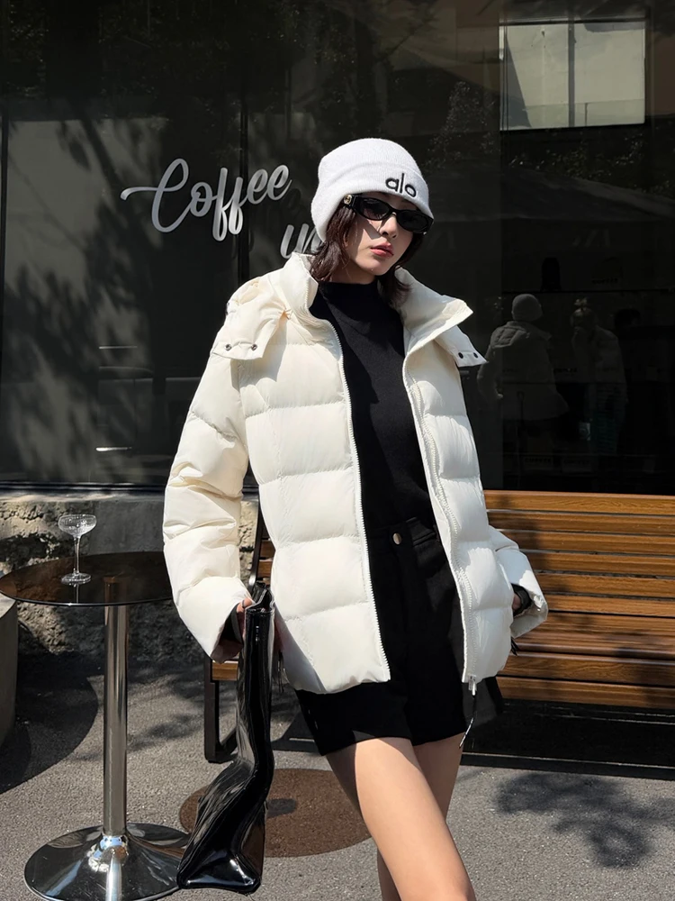 Winter Waterproof Hooded Grid Down Jacket Women White Duck Down Fluffy Puff Outwears Female Warm Thick Zipper Bread Down Jacket