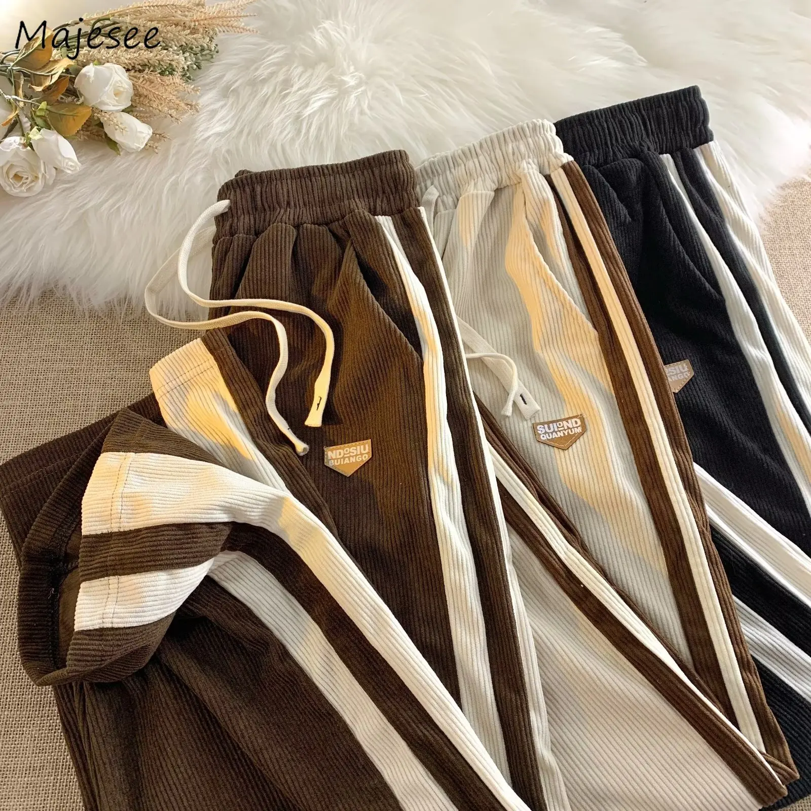 

Corduroy Pants Men Loose Casual Vintage Wide Leg Trousers Simple Handsome Japanese Style Streetwear All-match Joggers Cozy Daily