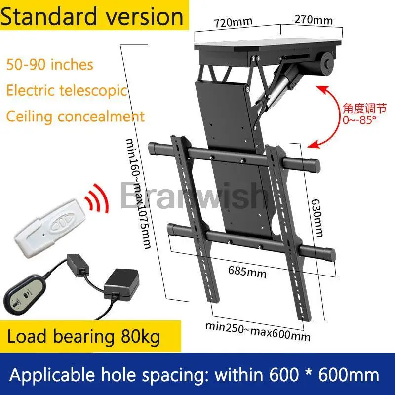 50-90" Ceiling Lift 0-85 Angle Adjust TV Rack 50kg LBS Television Wall Holder with Remote Control Monitor Support Stand For Home