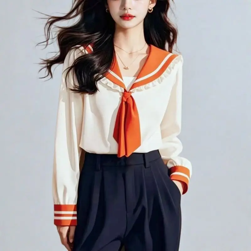 

French Light Mature Style Design Chic Sweet Top Orange White Navy Collar Shirt Autumn