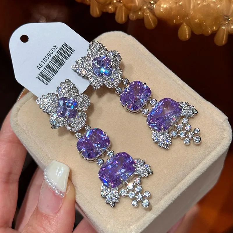 Flower Zircon Fringed Light Luxury Elegant Long Earrings
