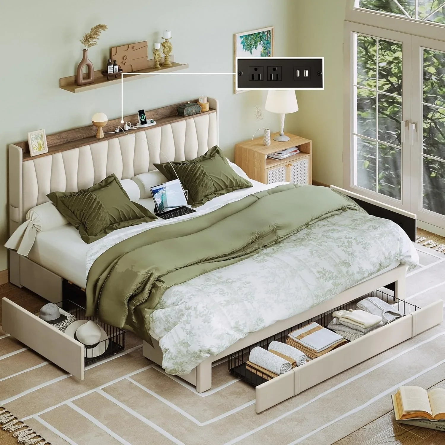 Extra large bed frame with storage headboard and charging station, cushioned platform bed with 3 drawers, beige color