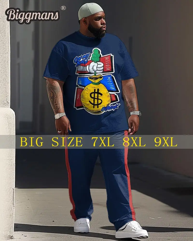 

Biggmans L-9Xl Plus Size Men's Clothing Summer Set Casual Sports Money Letter Print Large Man Suit Short Sleeved Long Pants