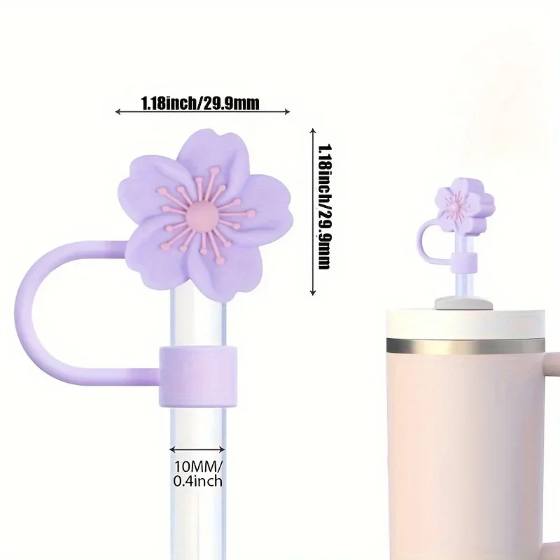 5 szt. Silikonowych Końcówek do Słomek Sakuras, Uniwersalne Nakładki na Słomki z Kwiatowym Wzorem, Akcesoria do Napojów Wielokrotnego Użytku do Kubków 10 mm