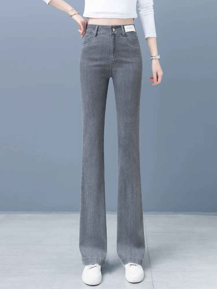 

Smoke Grey High Waist Slimming Bell Bottoms Women's Summer Thin Denim Jeans Micro Flared Ice Silk Pants Casual Style