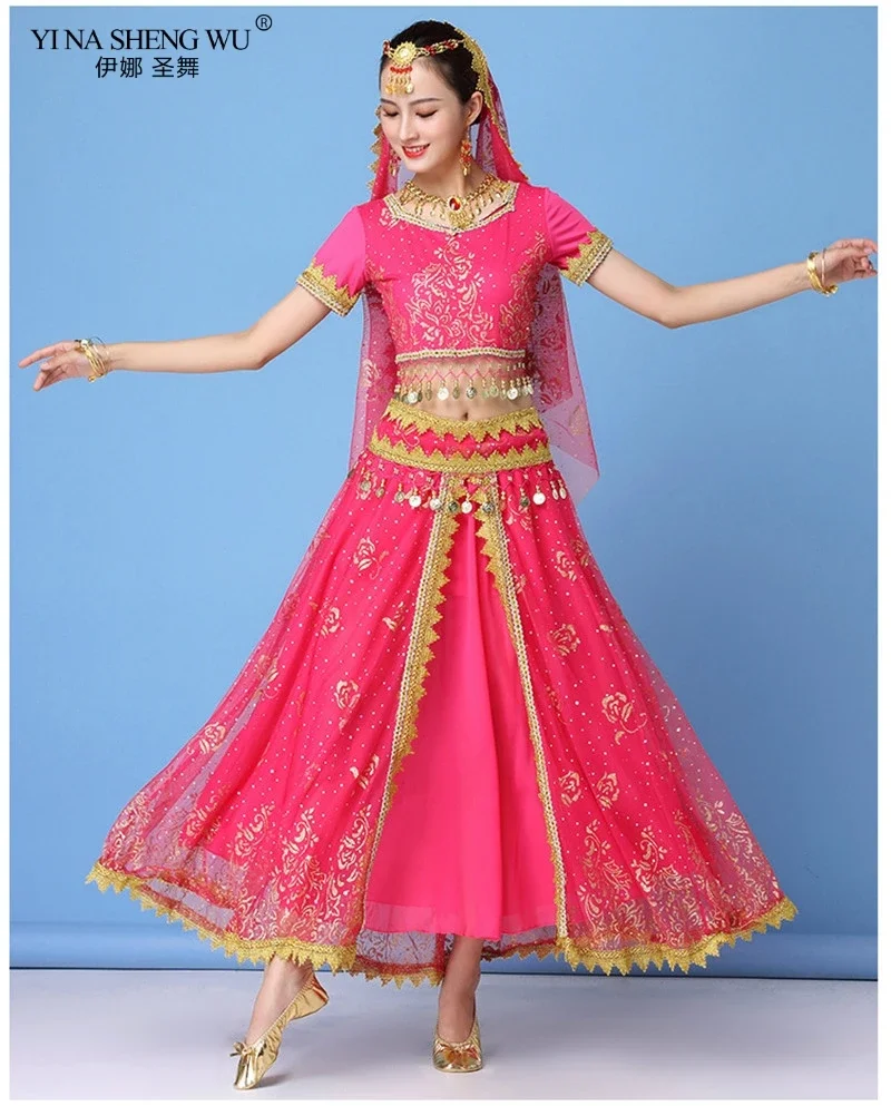 Sexy Bauchtanz-Kostümset für Damen im Bollywood-Stil, ägyptisch-indischer Stil, Chiffon-Oberteil mit Pailletten und Fransen, Rock für Bühnenauftritte – Detail 11