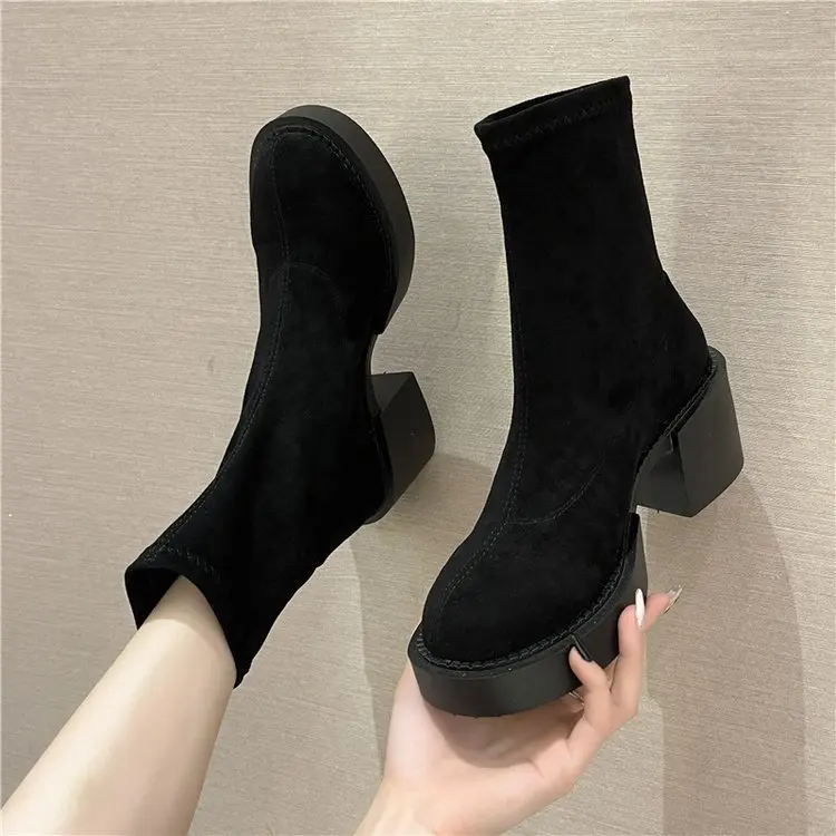 Hot Sales Autumn and Winter Elastic Platform Sock Boots Thick Heel Skinny Boots High Heel Round Head Suede Ankle Boots for Women