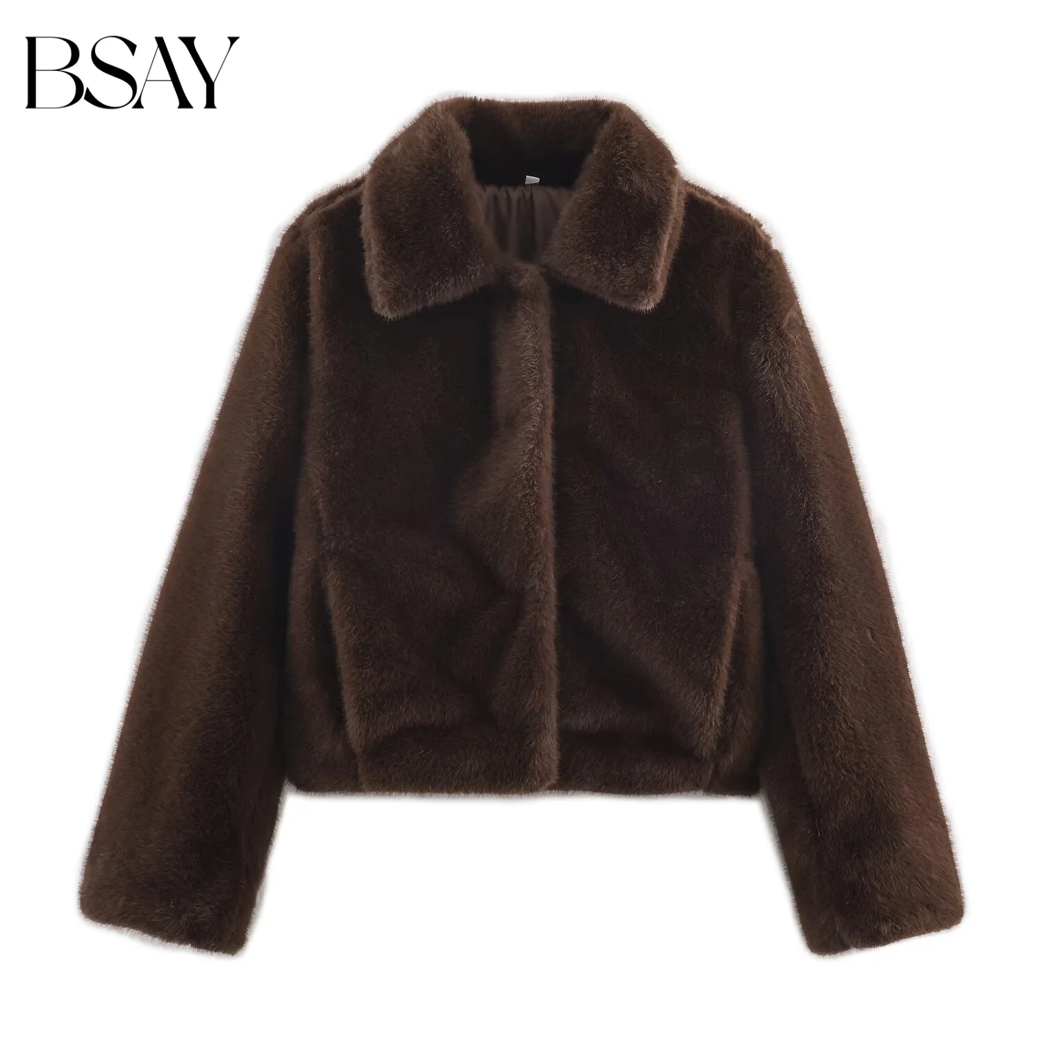 

BSAY Artificial Fur Effect Jacket for Women Fashion Autumn Winter New Solid Color Long Sleeve Lapel Warm Short Jackets Coat