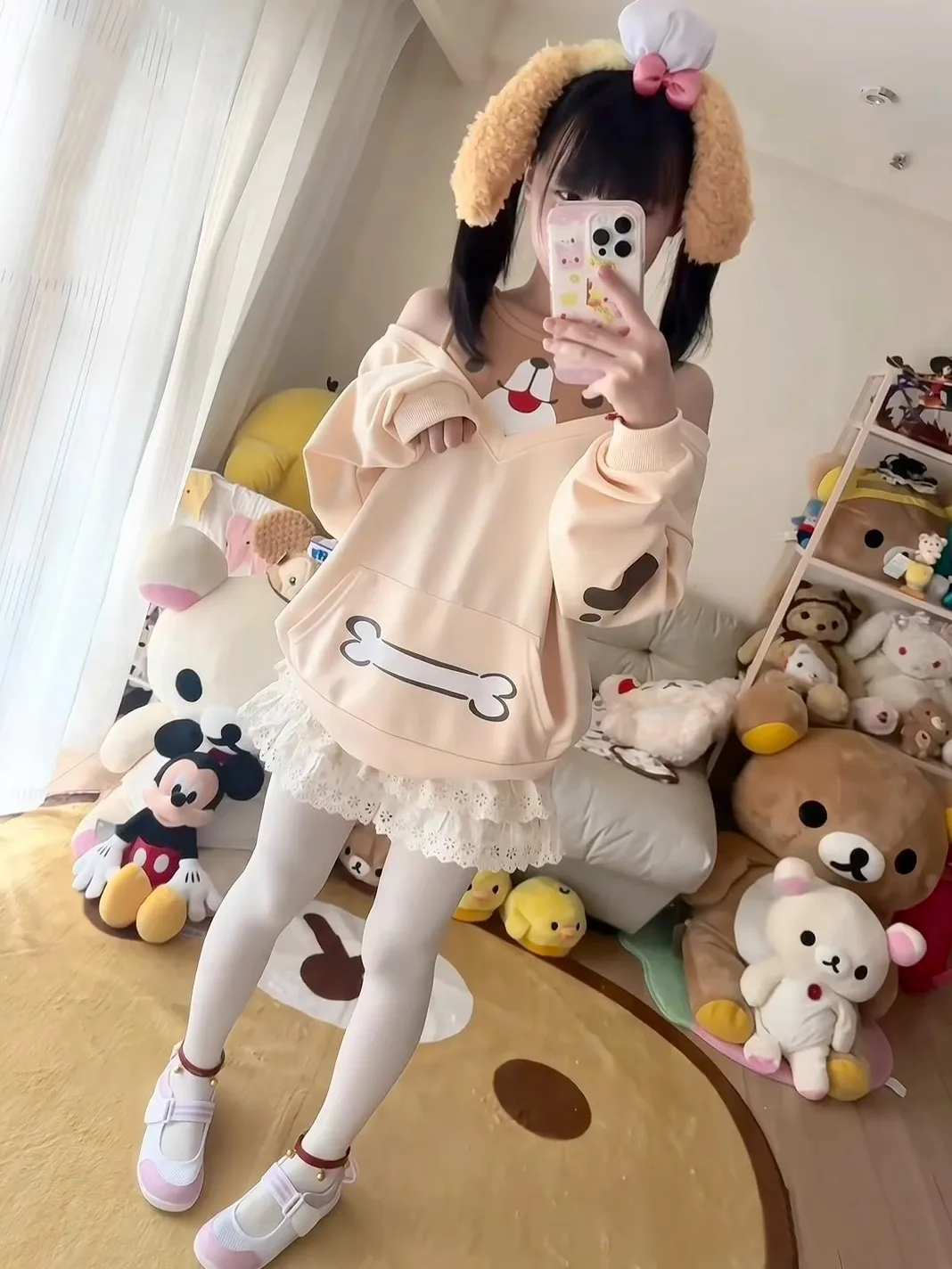 2025 Spring and Autumn Japanese Style Soft Girl Cute Off-Shoulder Fake Two-Piece Sweatshirt Yellow Loose Long Sleeve Pocket Top