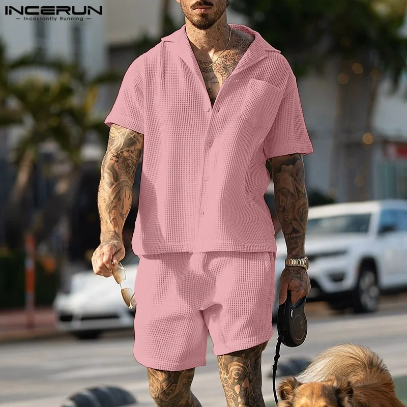 

INCERUN Men Sets Solid Color Lapel Short Sleeve Shirt & Shorts 2PCS Streetwear 2025 Summer Fashion Loose Men Casual Suits S-5XL