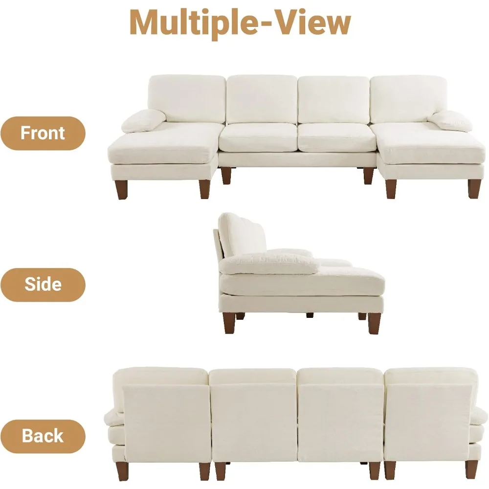 リビングルーム用110セクションソファ、ダブルシェーズ付きU字型ソファ、シェニール生地の4人掛けソファセット