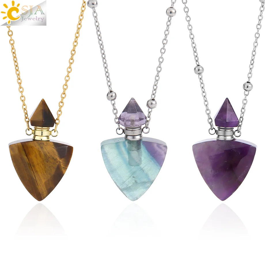 Triangle Crystal Perfume Bottle Necklace Natural Stone Amethyst Essential Oil Diffuser Pendant Men Women Necklaces Jewelry H629