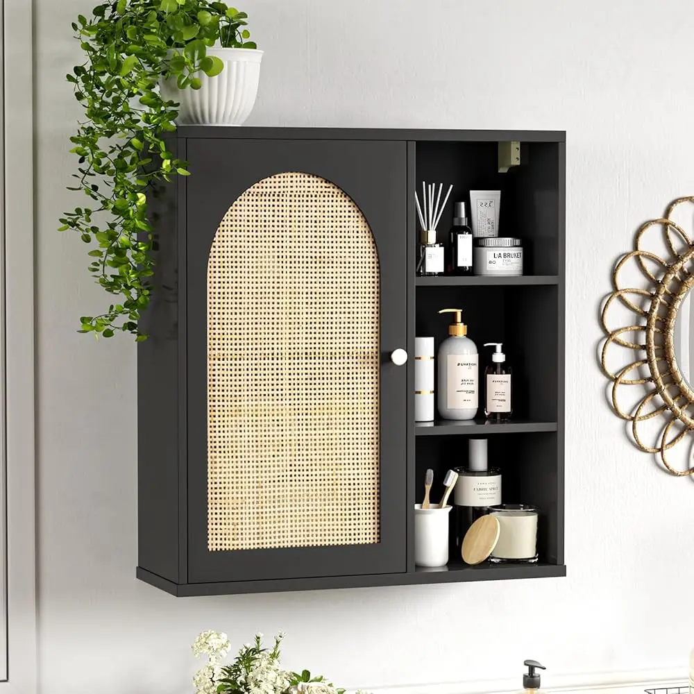 

Rattan Bathroom Wall Cabinet, Boho Medicine Wall Cabinets With Door And Adjustable Shelves, Tall Kitchen Wall Mounted Storage