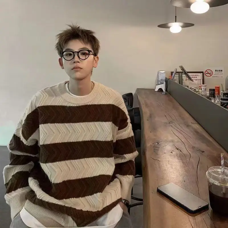 

Striped all-match sweater for male students round neck sweater loose casual Japanese style high-end lazy style thick line jacket