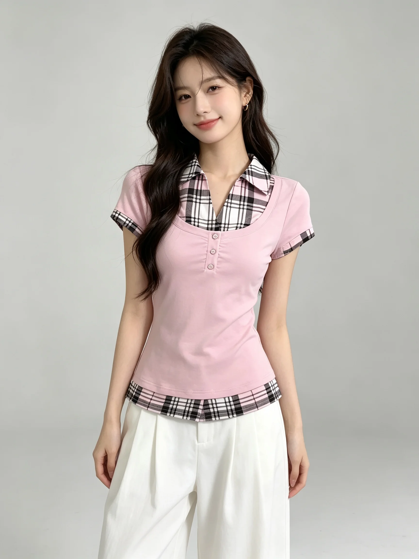 Spicy Checkered Short Sleeve T-Shirt College Style Lapel Splicing Versatile Slimming Girl's Top for Casual Wear