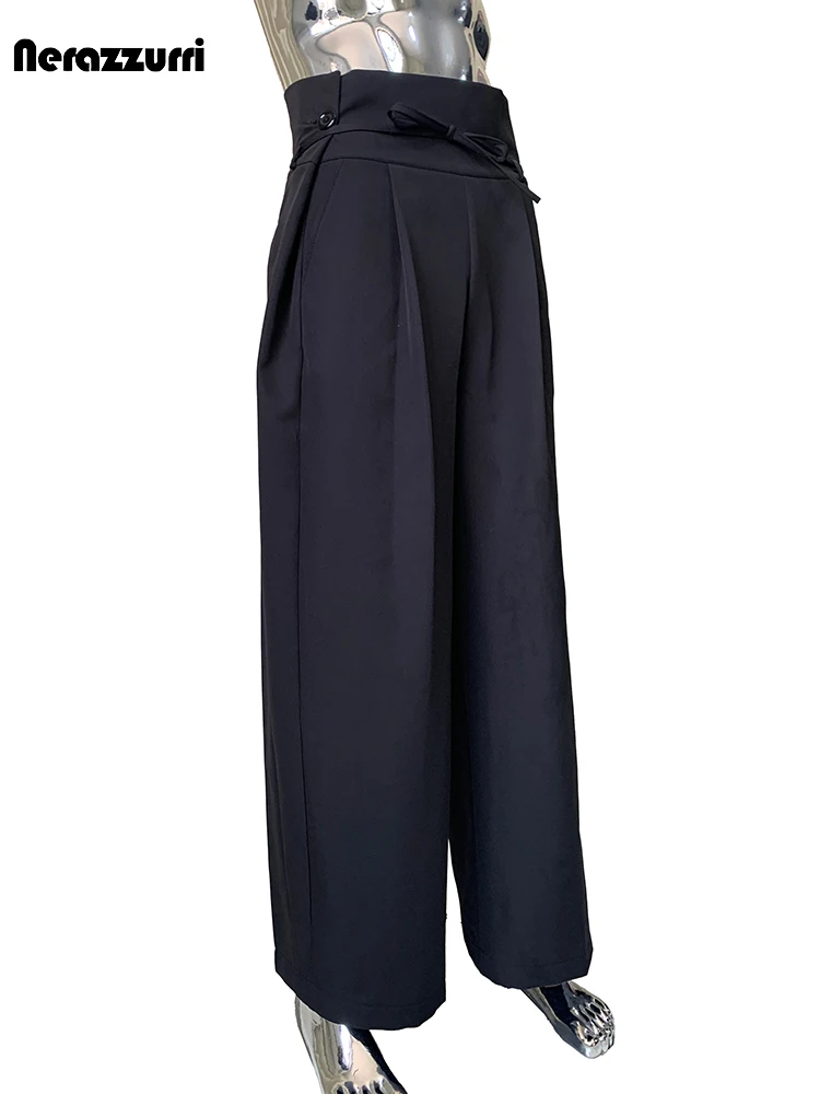 

Nerazzurri осенние длинные мешковатые струящиеся мягкие черные широкие брюки мужские с высокой талией на шнурке элегантная шикарная роскошная дизайнерская одежда 2025