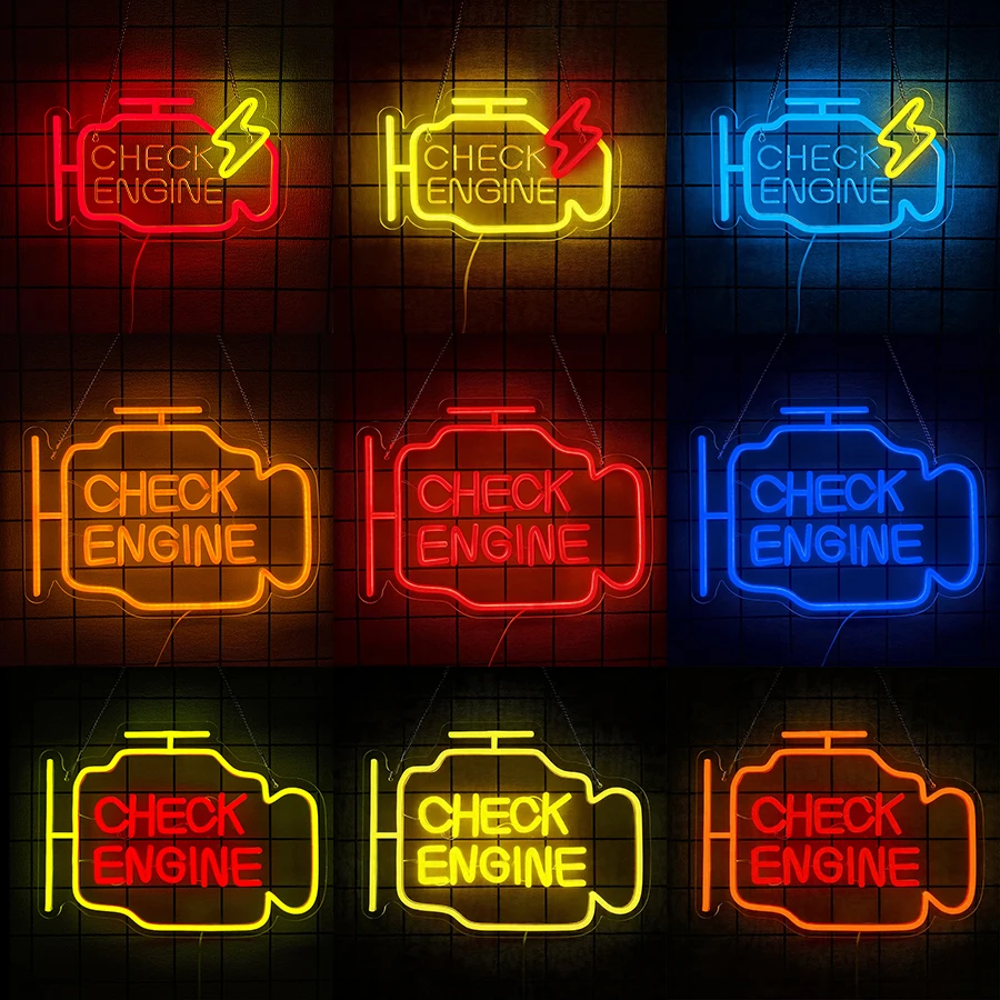 Check Engine LED Neon Sign Dimmable USB Wall Light for Man Cave Garage Auto Repair Shop Gameroom Club Wall Decor Car Lovers Gift