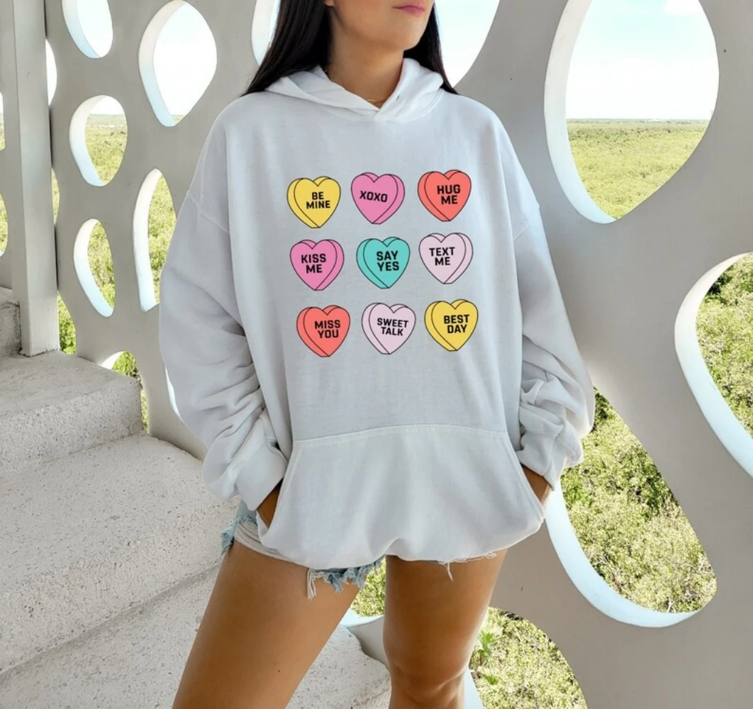 Cute Heart Hoodie Valentine\'s Day Conversation Hearts Women\'s Sweatshirt Sweet Creative Unique Rare Winter Clothes