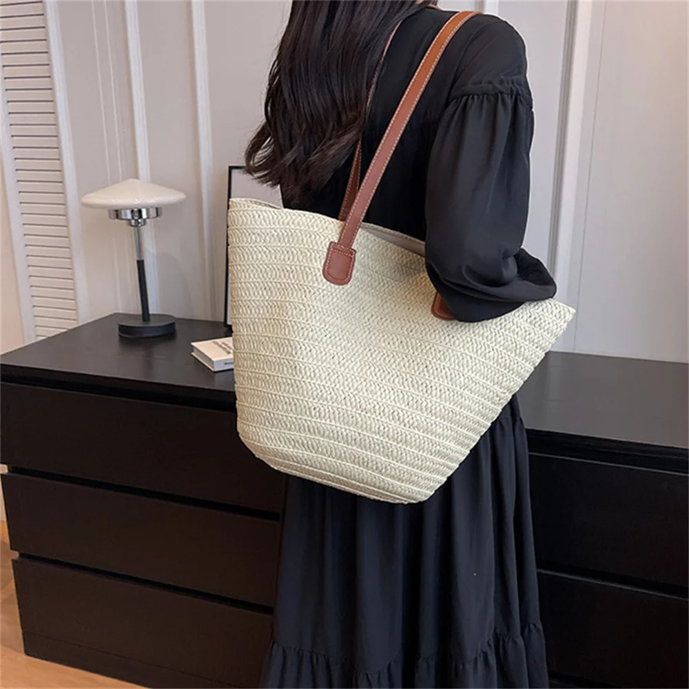 Summer Rattn Weave Bag With Inner Bag For Women Beach Vacation Weaving Straw Bag Large Capacity Travel Handle Bucket Totes