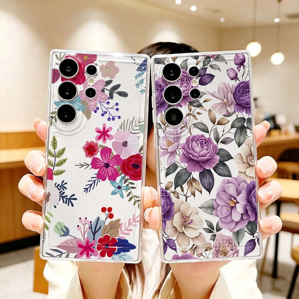 Luxurious Simple Floral Print Phone Case For Samsung Galaxy S26 S25 S24 S23 S22 S21 S20 Ultra Plus FE Pro 5G Transparent Cover