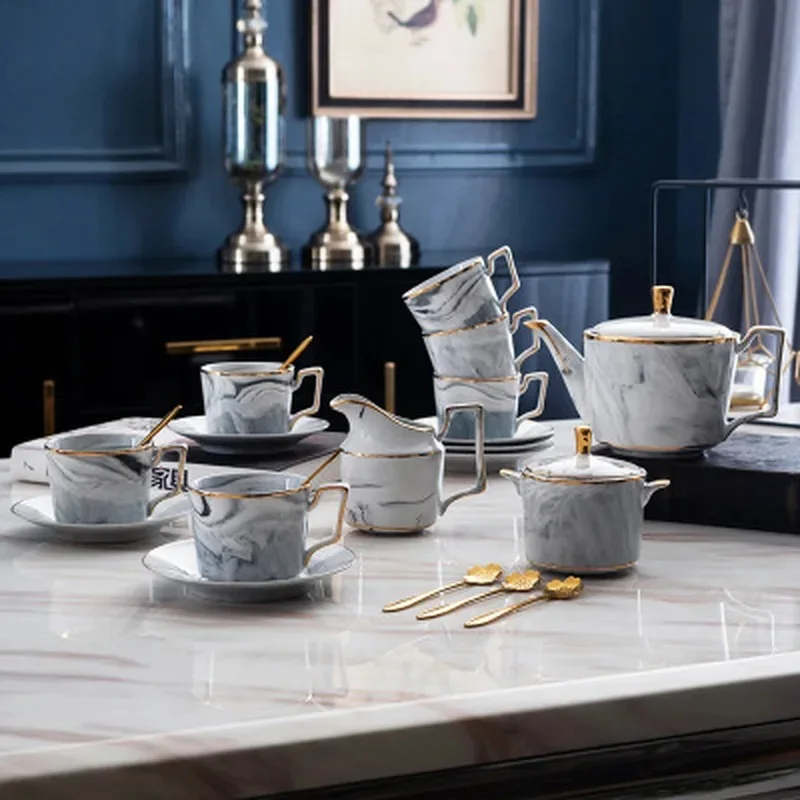 

Nordic 15-piece Gold Rim Grey Pink Marble Pattern Ceramic Coffee Tea Set Ins Network Creative Bone China Tea Set Pot Cup Saucer