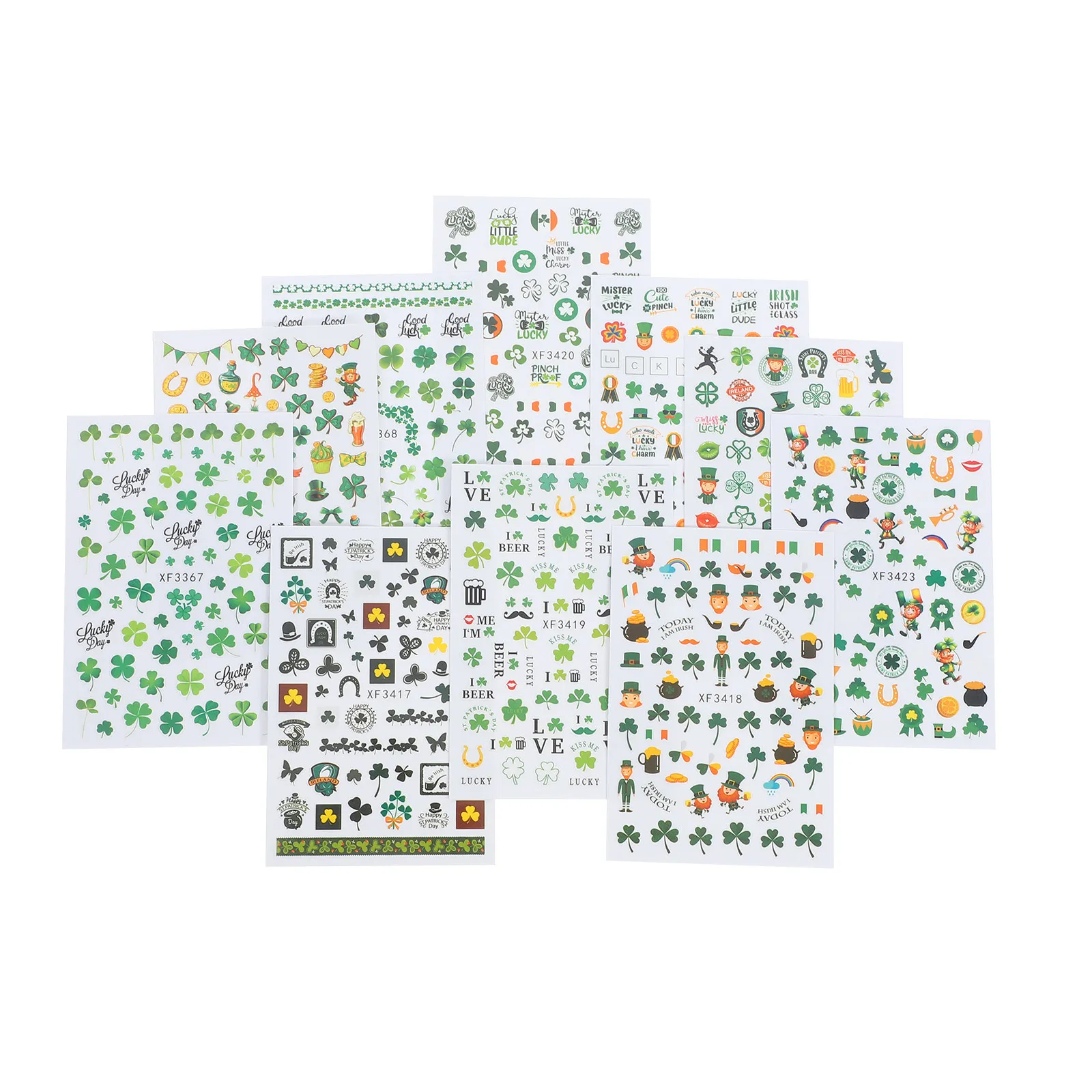 

10 Sheets Leaf Nail Stickers Manicure Accessories Clover Series Glitter Shamrock Decal