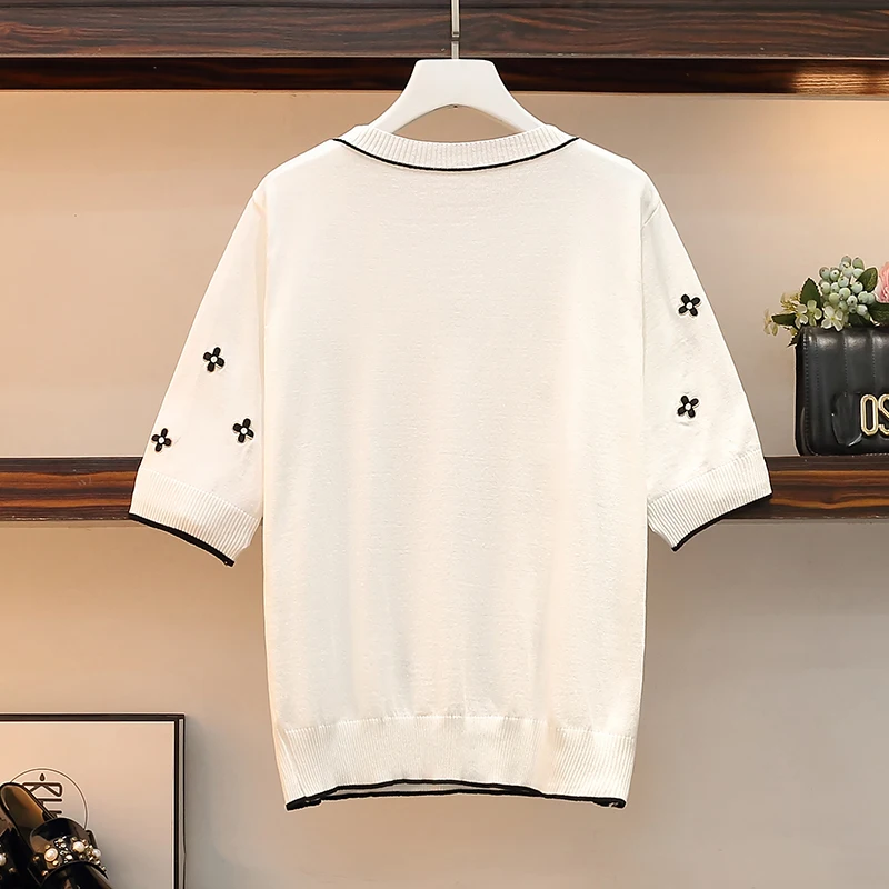 4xL size women casual flower embroidery kintting sweater Oversized pullover short sleeve thin kint T-shirt sueters de mujer