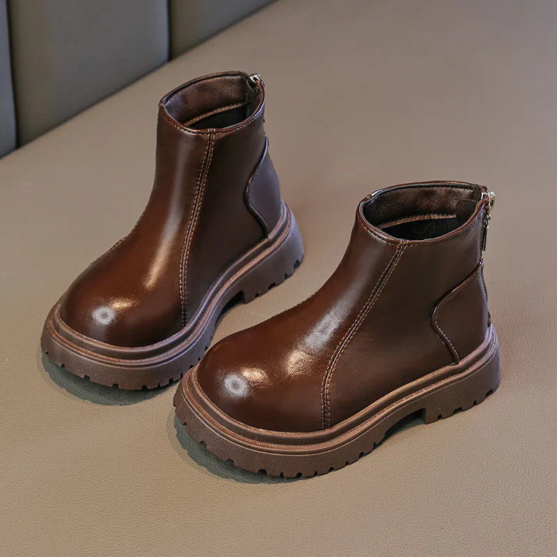 

Модные ботильоны для девочек, осенние повседневные детские полусапожки на платформе, классические черные, коричневые детские простые кожаные ботинки с круглым носком