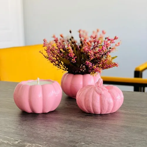 Solid Decor Pink Pumpkin Candle and Artificial Flower 3'lü Set In Pots