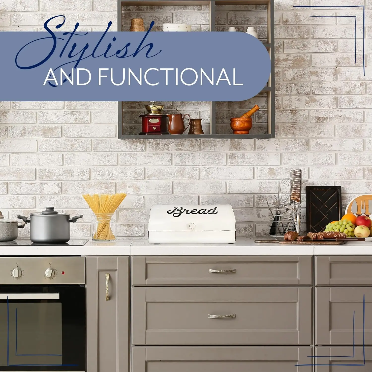 Vintage White Bread Box with Rustic Script, Farmhouse Enamelware Countertop Storage for Kitchen