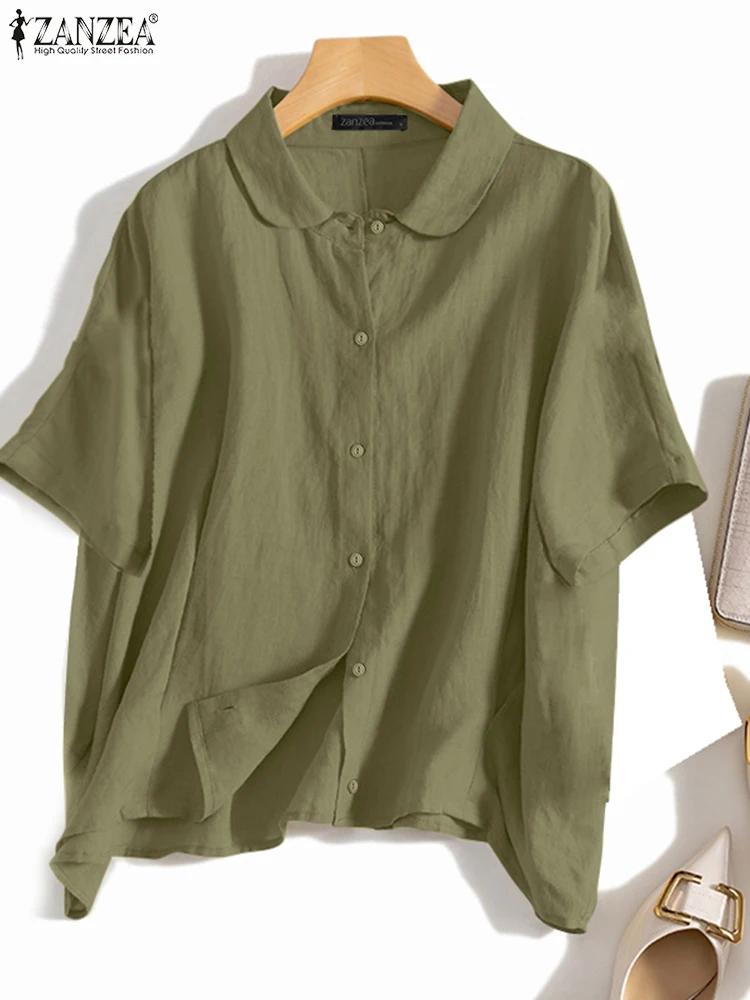 

2025 ZANZEA Women Summer Work OL Blouses Casual Shirts Short Sleeve Solid Tunic Tops Lapel Neck Blusas Buttons Chemise Oversize