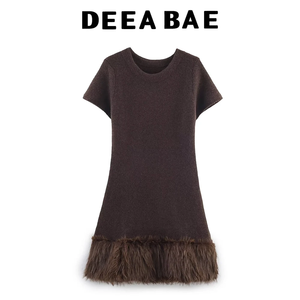 DEEABAE الخريف الملابس النسائية الجديدة الأوروبية والأمريكية تأثير الفراء الاصطناعي الربط محبوك معطف محبوك مجموعة فستان #4