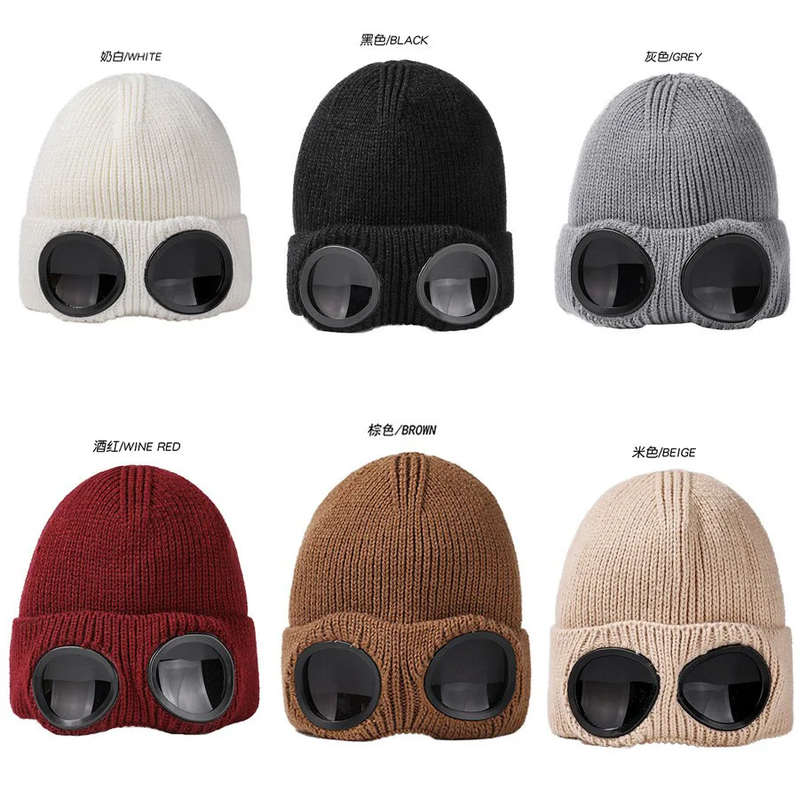Óculos à prova de vento de outono e inverno para homens e mulheres, chapéu de esqui forrado de lã, gorro de malha quente, chapéu de casal