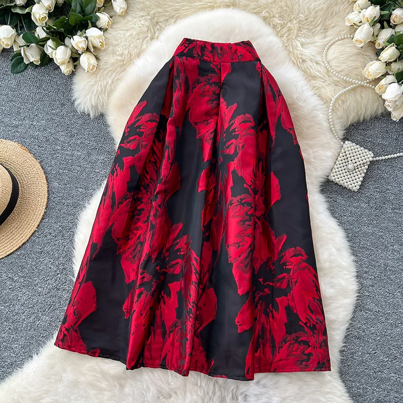 Women's Midi Skirt French Vintage Palace Jacquard Metallic Foil Print Puffy Tiered High Waisted Fall Elegant Party Outfit S589