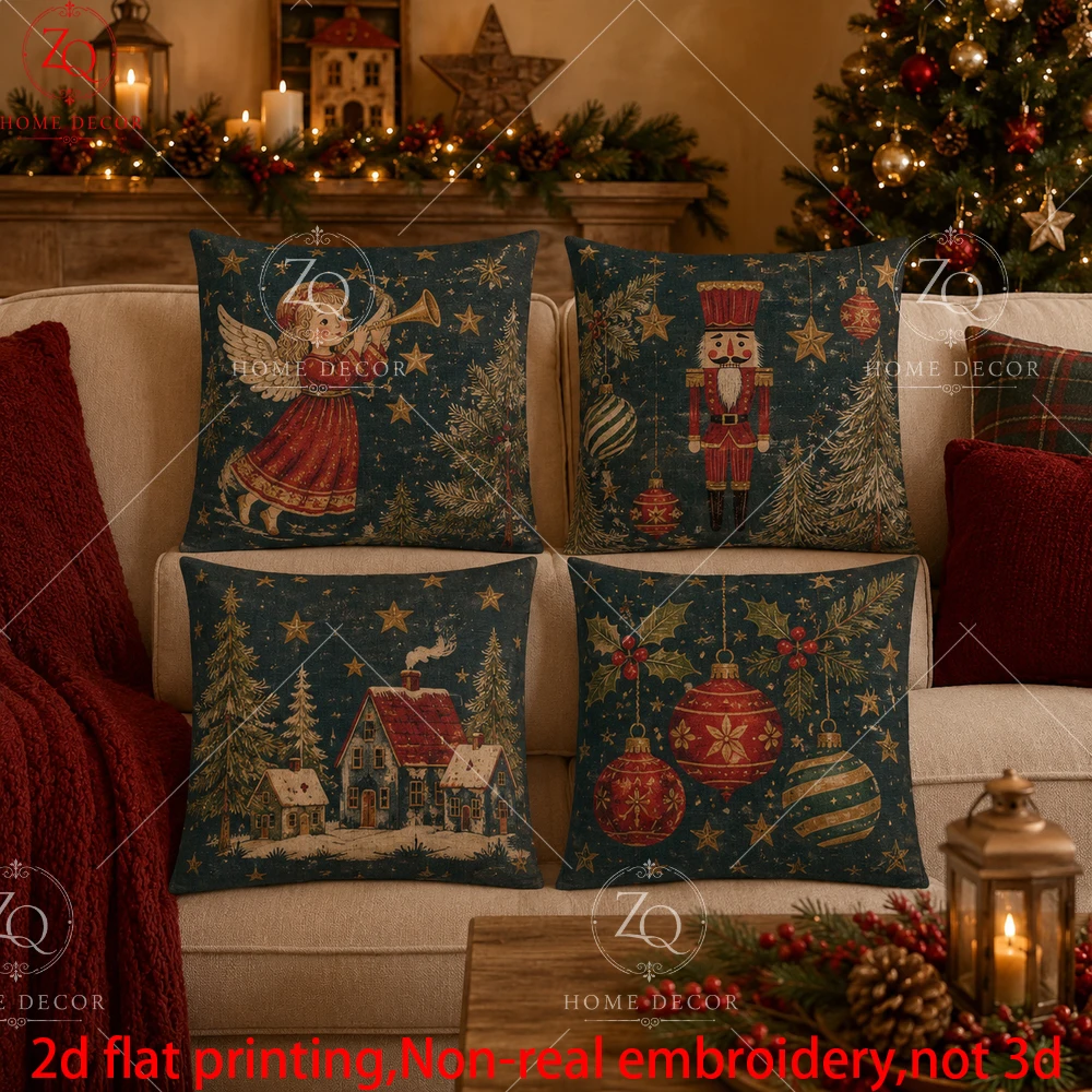 Vintage Nutcracker Angel Cushion Cover Set Of 4 Peach Skin 2D Flat Printed Pillowcase Sofa Living Room Winter Christmas