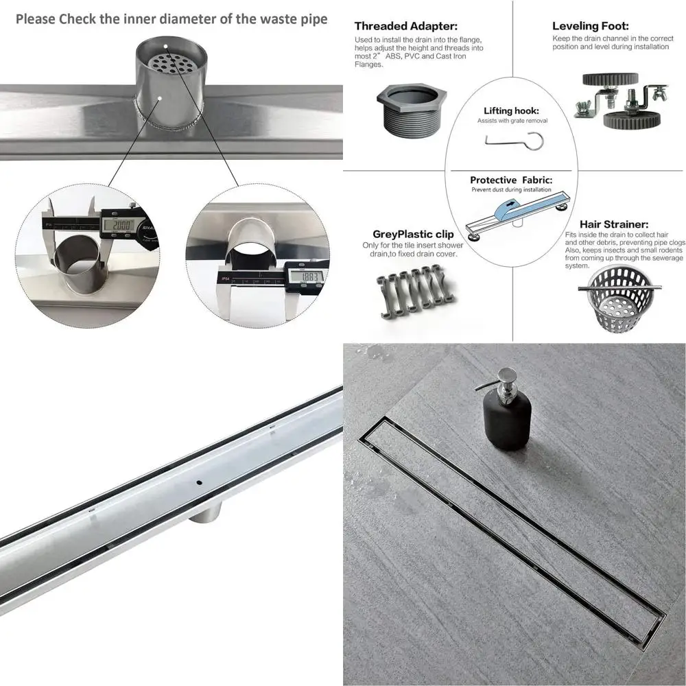 

32 Tile Insert Linear Shower Drain in Brushed 304 Stainless Steel with Hair Catcher and Leveling Feet