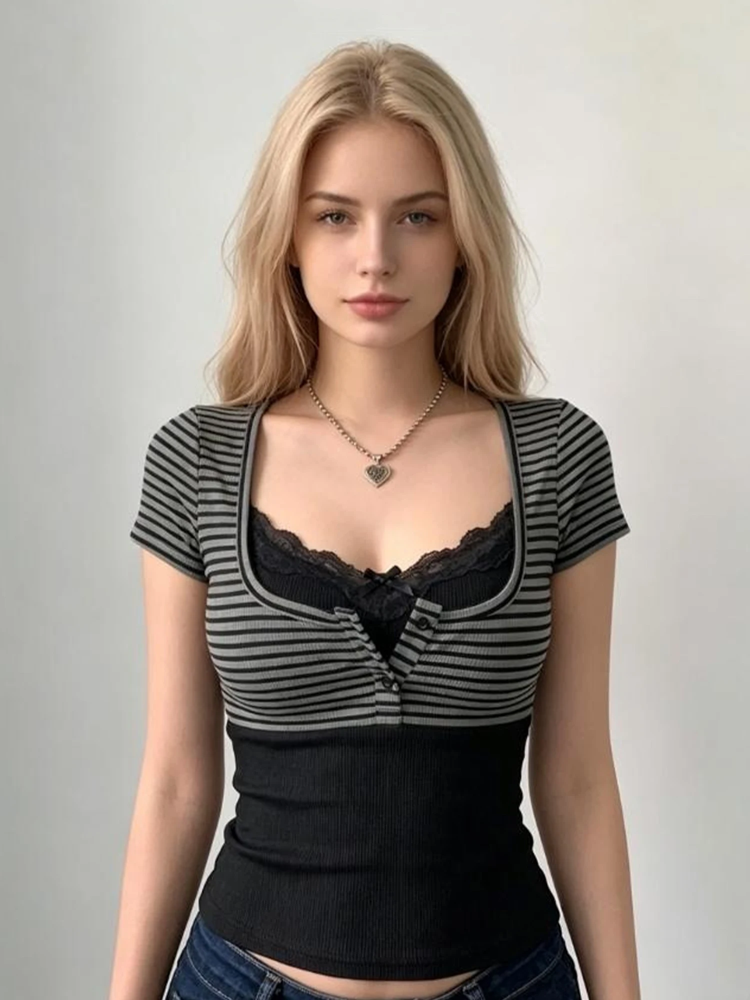 Women's Grey Striped Short Sleeve T-shirt Two Piece Set Fashion Vintage T-Shirt Y2K Gyaru Lace Patchwork Slim Fit Tee Top Summer