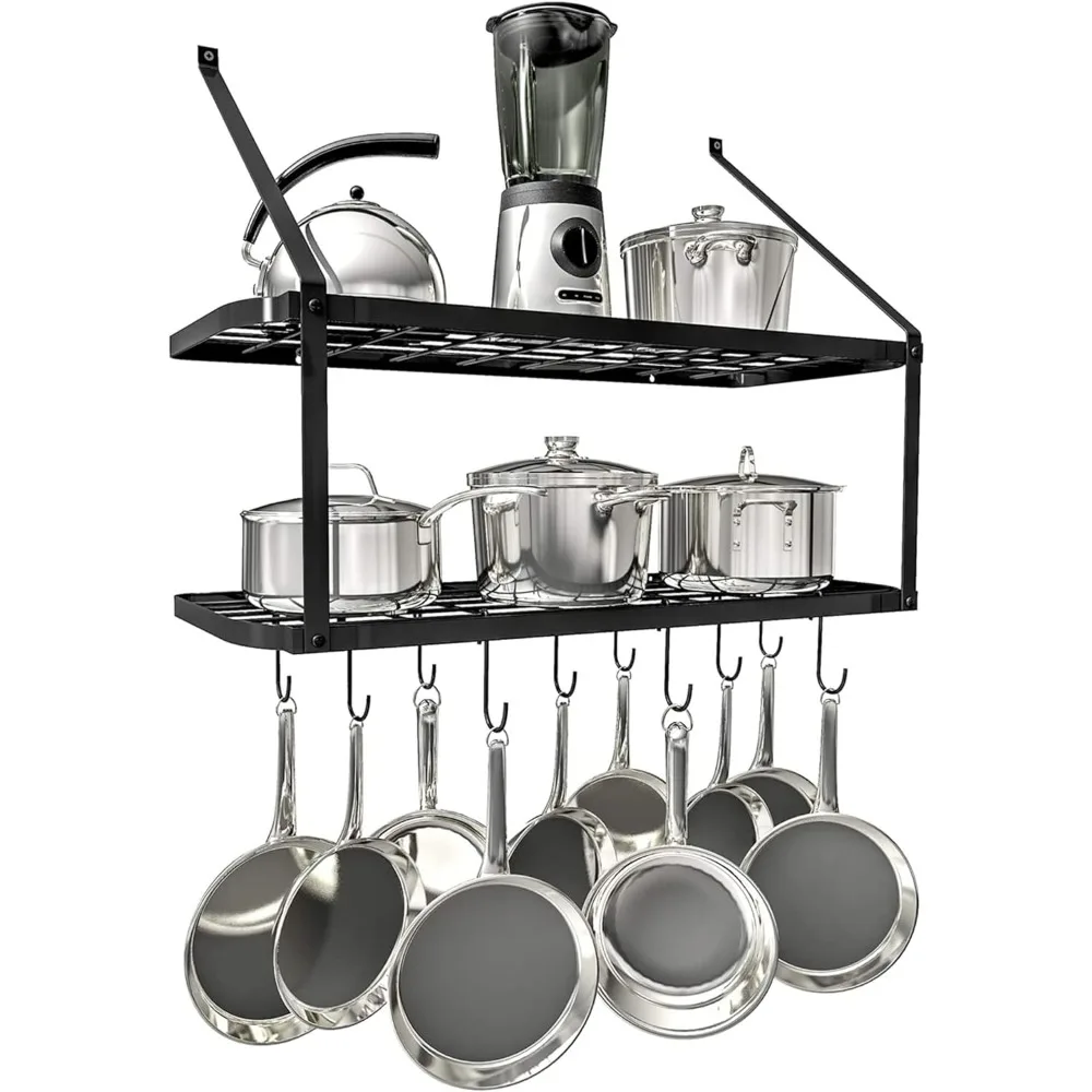 

Hanging Pot Rack - Rustproof Wall Mounted Pot Rack Pan Hanger for Kitchen Storage & Organization Easy Setup 2Tier Pot Shelf Wall