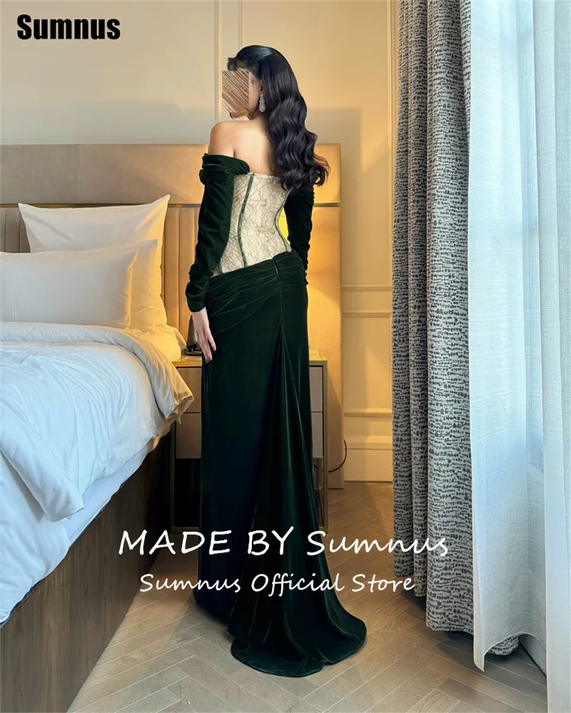 Eleganckie suknie balowe Sumnus w stylu syreny, zielony aksamit, koronka, odkryte ramiona, długie rękawy, suknie wieczorowe فساتين سهرات, szyte na miarę