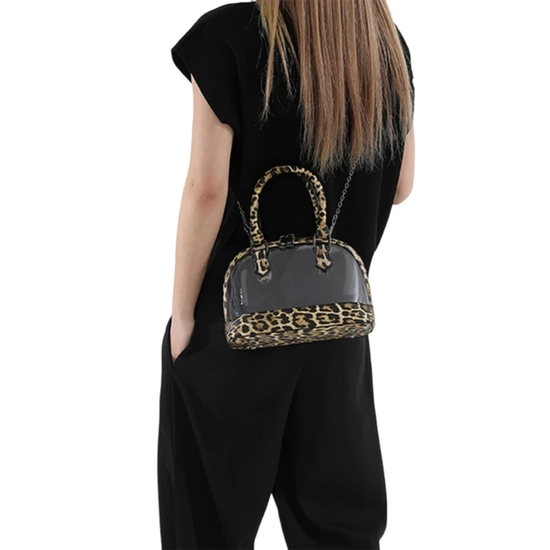 Bolso cruzado PVC transparente con asa superior E74B para mujer, bolso hombro con adorno leopardo en forma concha,