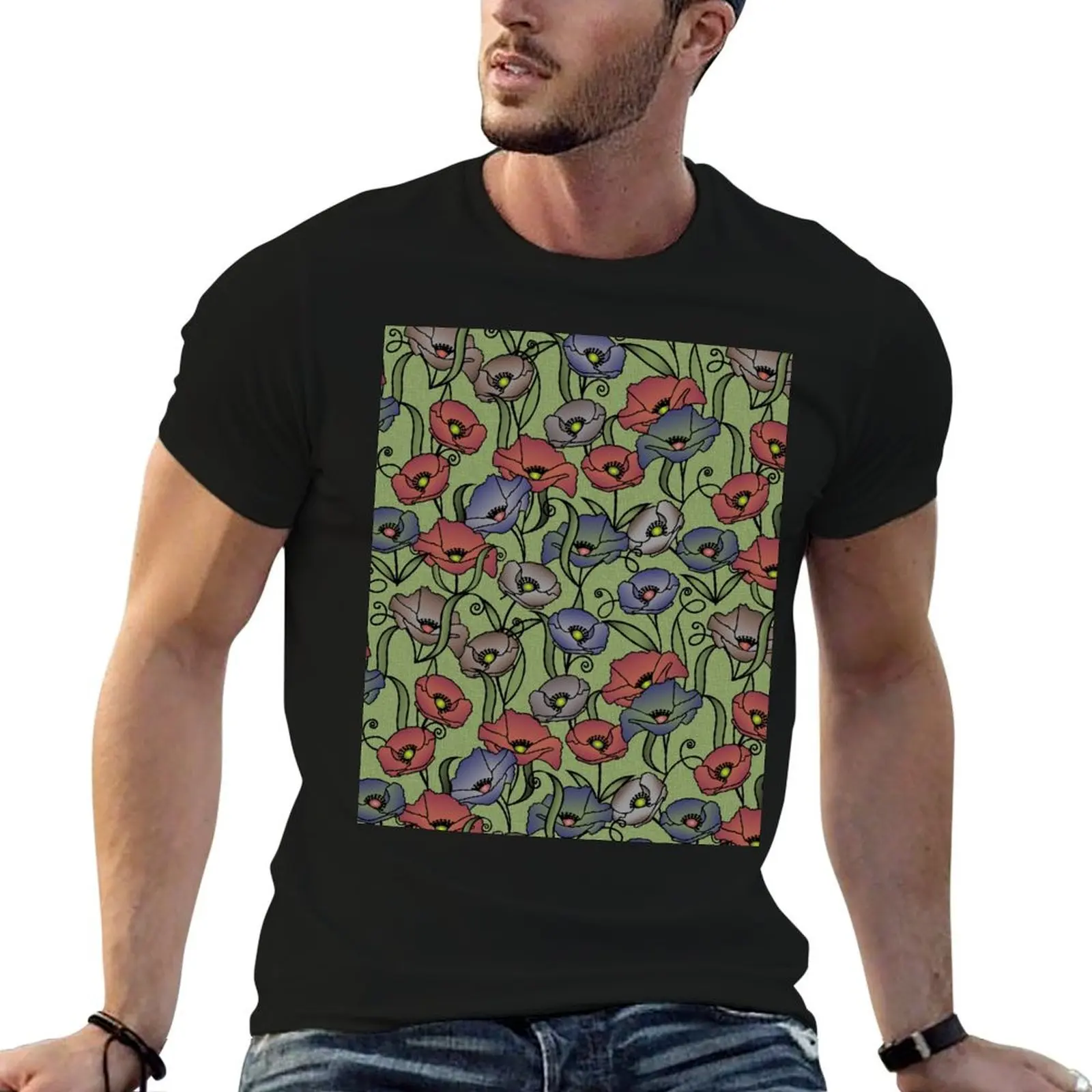 Modern Floral Print - Grass Green, Navy, Red T-Shirt Casual Simple Design Short Sleeve Shirt