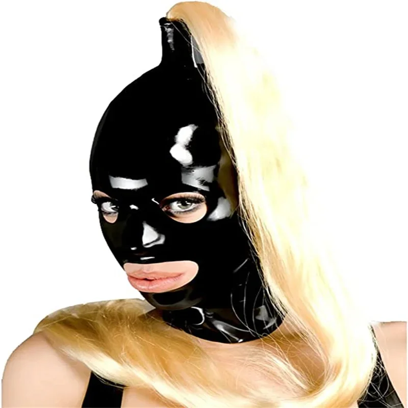 

Latex Hood Mask Full Cover with Eyes and Mouth Nose Open with Zipper with Ponytail Wigs Cosplay Costume
