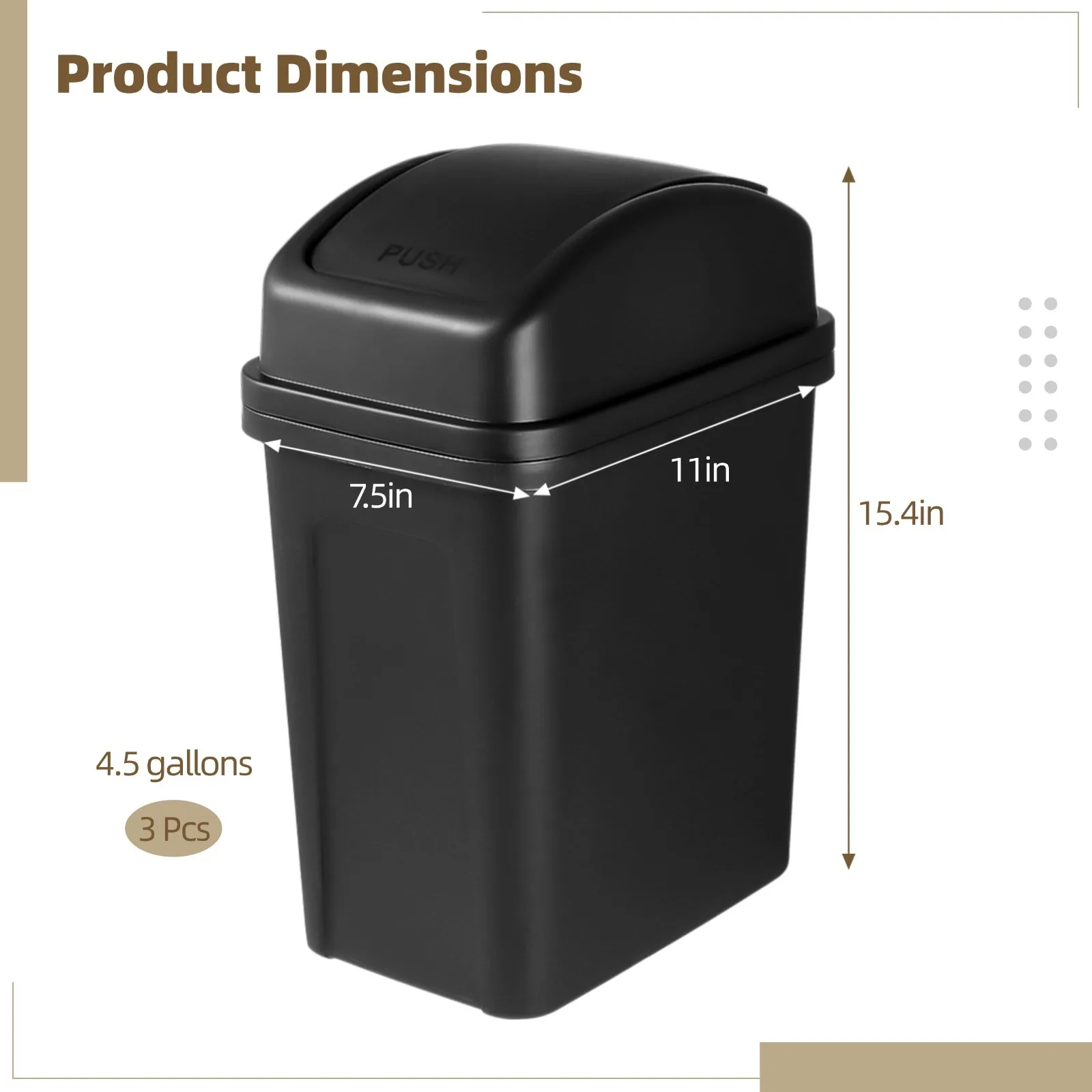 3Pcs Plastic Trash Cans 4.5 Gallons Garbage Cans Slim Swing Top Trash Cans Lidded Garbage Cans Plastic Trash Cans For Kitchen