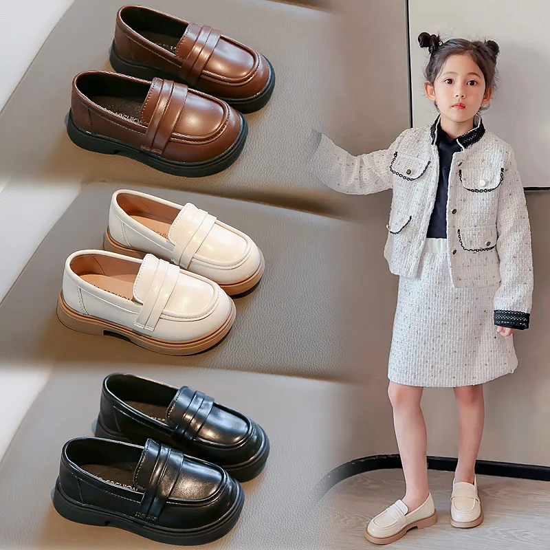 Girls' leather shoes2024Spring and Autumn New Children's Soft-Soled Princess Shoes Black Student Shoes Slip-on Casual Loafers