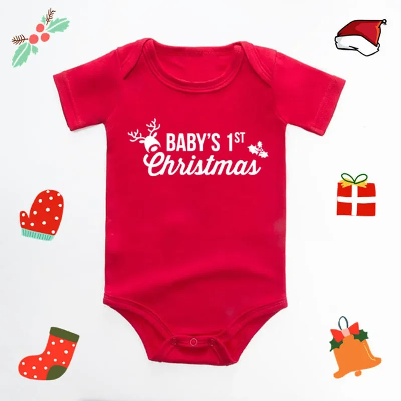 My 1st Christmas Baby Bodysuit Snowflake Number 1 Print Short Sleeve Red Newborn Romper Infant Boys Girls Xmas Photo Outfit