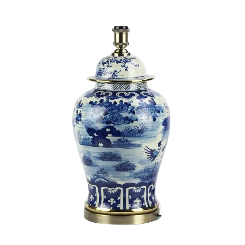 Gold rim brass base blue and white bird floral pattern porcelain ginger jar lamp