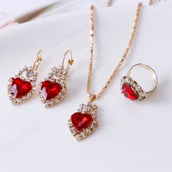 Fashion Heart Shaped Crystal Pendant Collarbone Necklace Earrings Ring 3Pcs Set Peach Heart