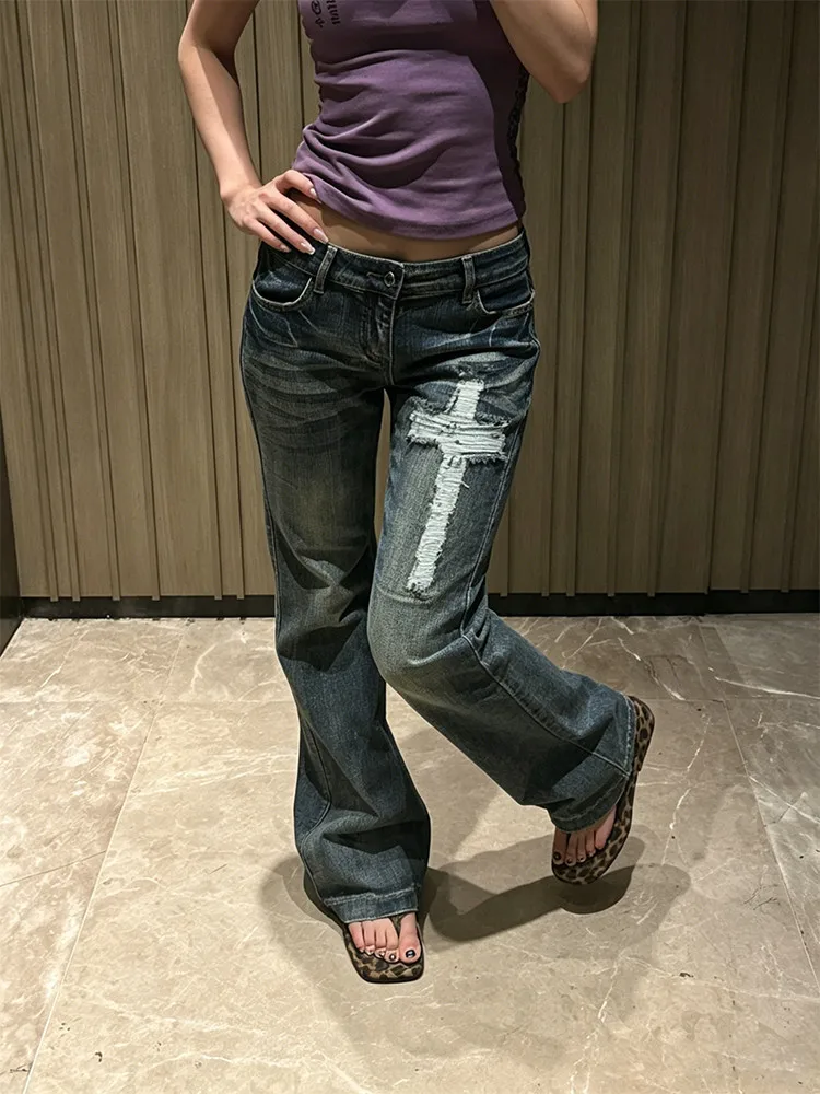 Women's Cross Hole Micro Flared Jeans Street Summer High Waist Pant Cool Girl Sweatpants Female Casual Straight Denim Trousers