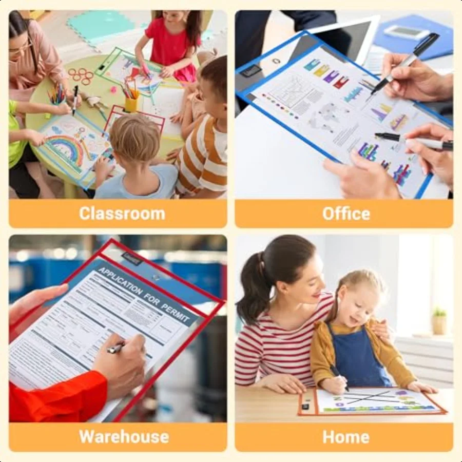 30 عبوة من جيوب المسح الجاف مع 5 حلقات و10 ألوان متنوعة 10 × 14 أكمام بلاستيكية كبيرة الحجم قابلة لإعادة الاستخدام واقيات الورق الشفافة للتعليم