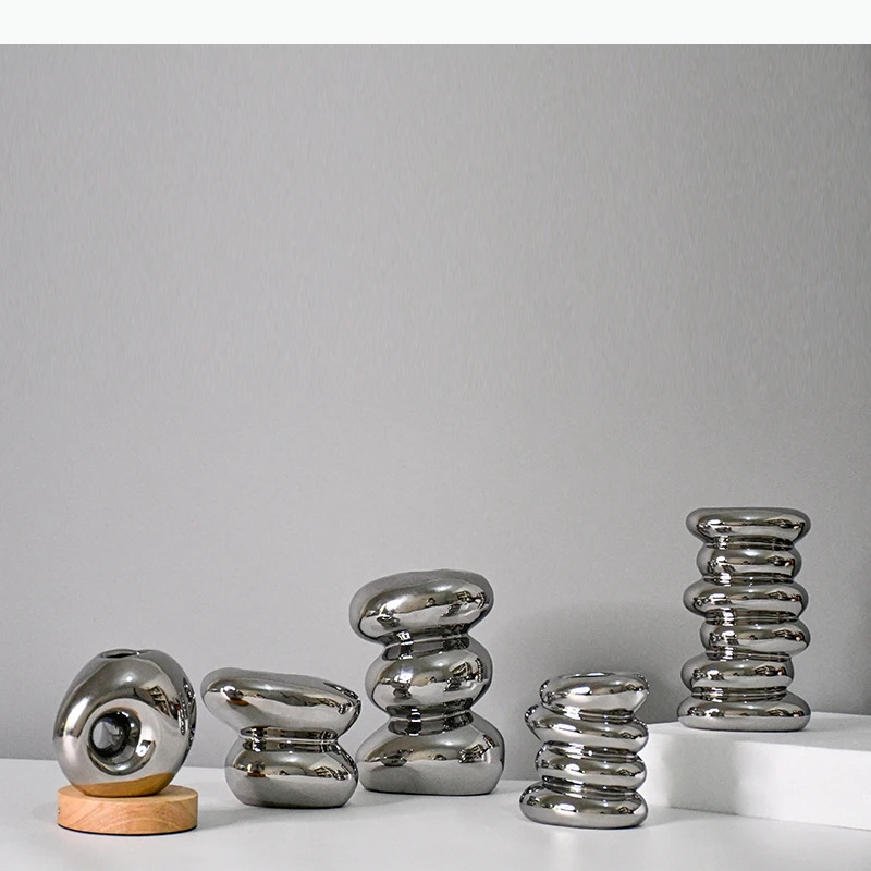 Silver Pebble Ceramic Decoration Flower Vase Geometric Stack Floral Arrangement Accessories Terrarium Room Decoration